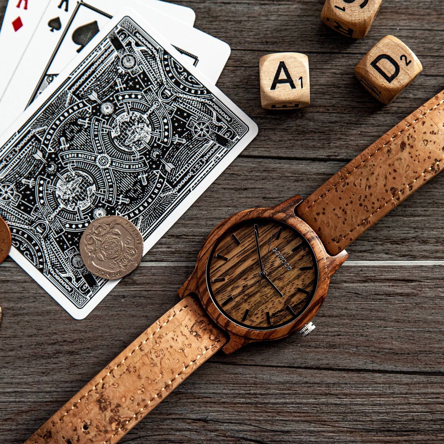 Zebra wood watch with real cork wristband