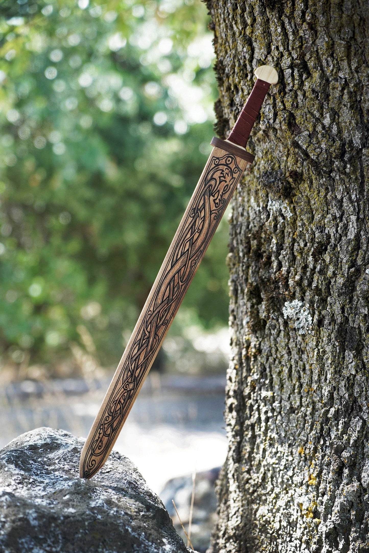 Mini Wooden Viking Sword with Norse Motif Light or Dark