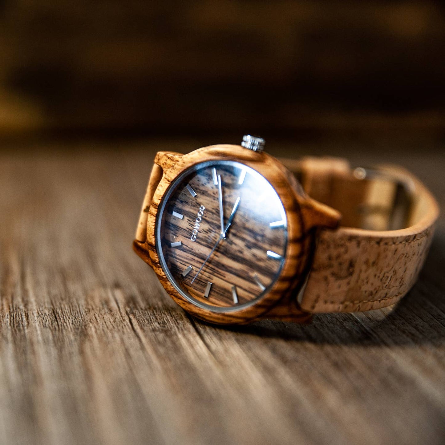 Zebra wood watch with real cork wristband