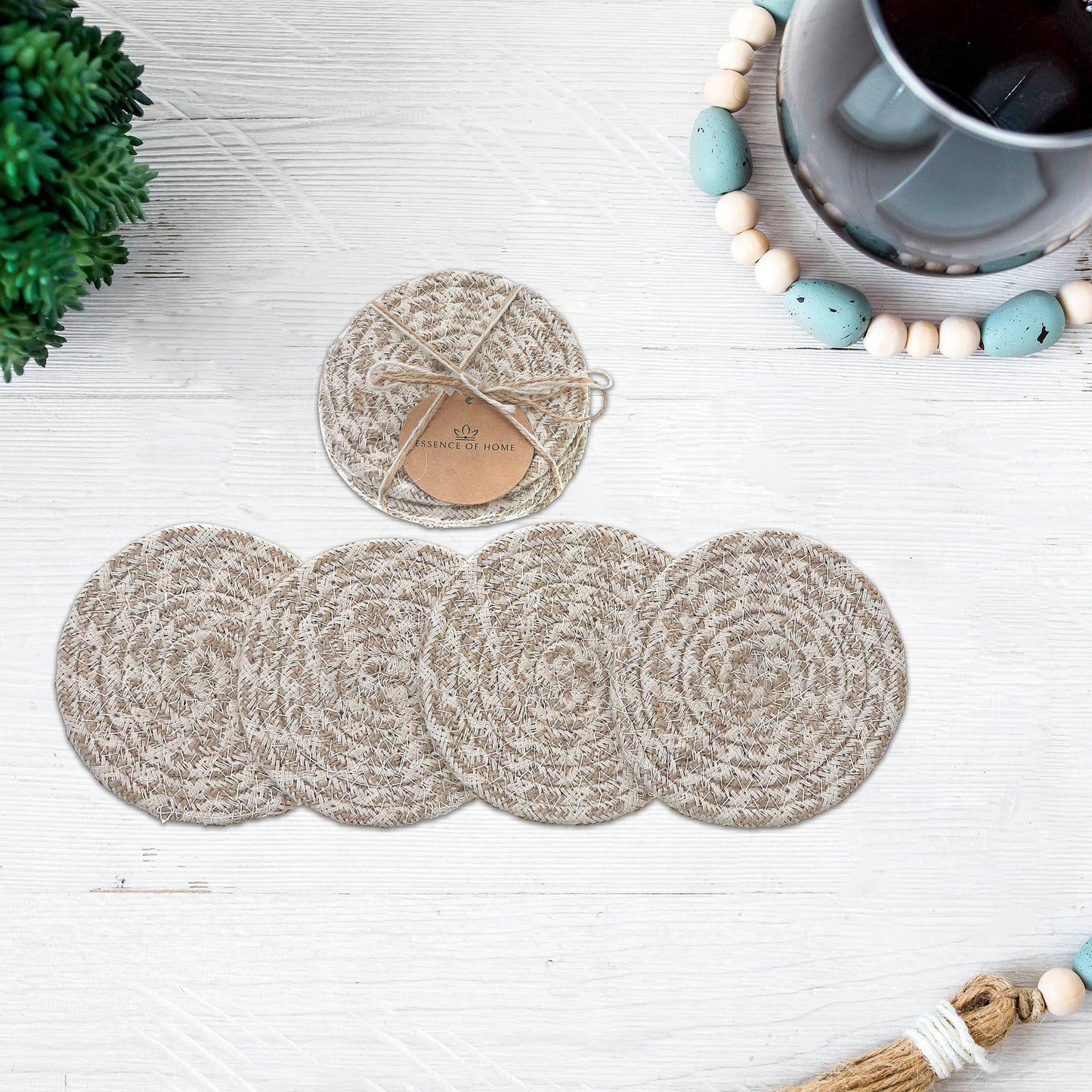 4 Pc Round Wave Braided Coaster