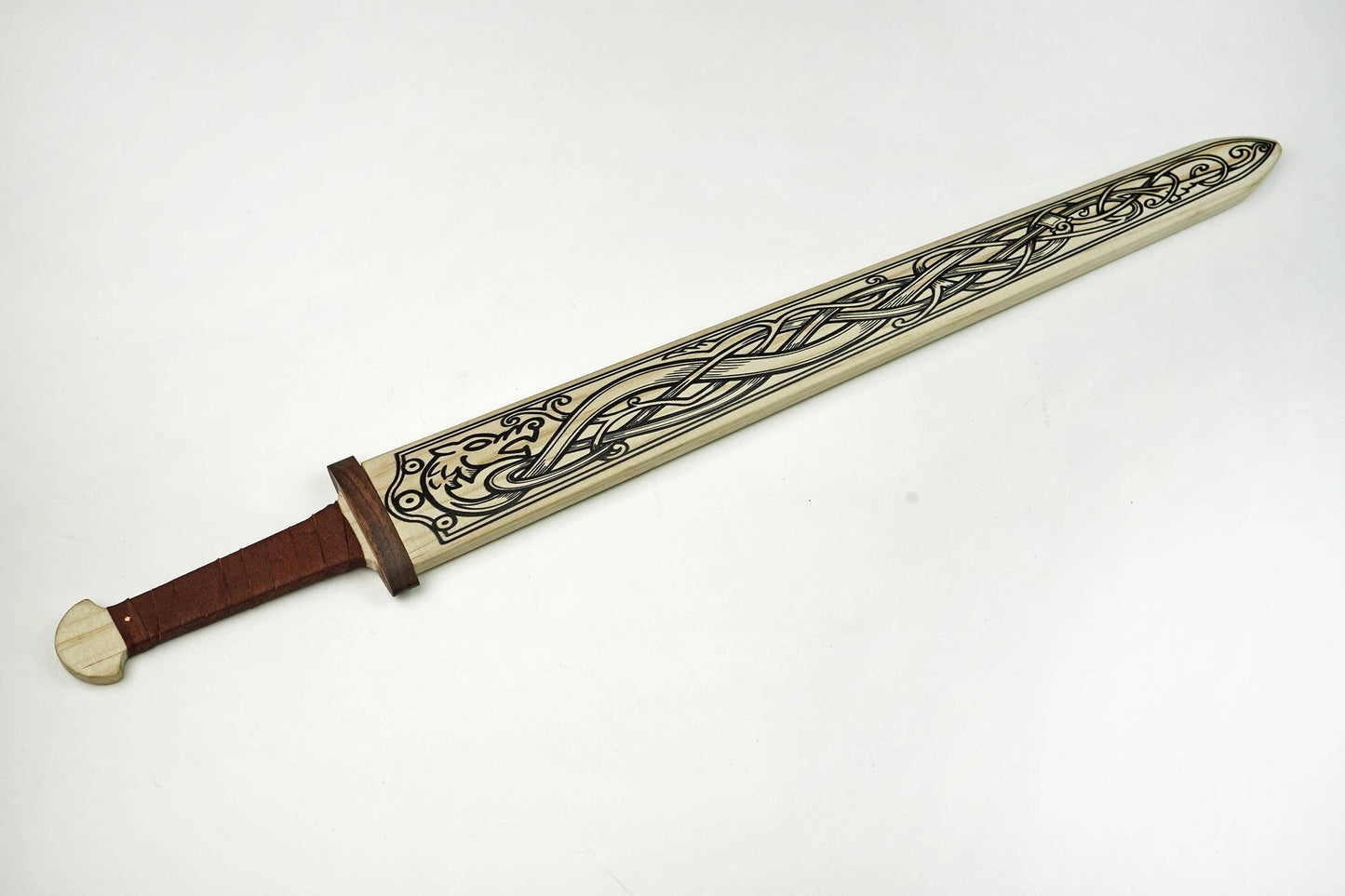 Mini Wooden Viking Sword with Norse Motif Light or Dark