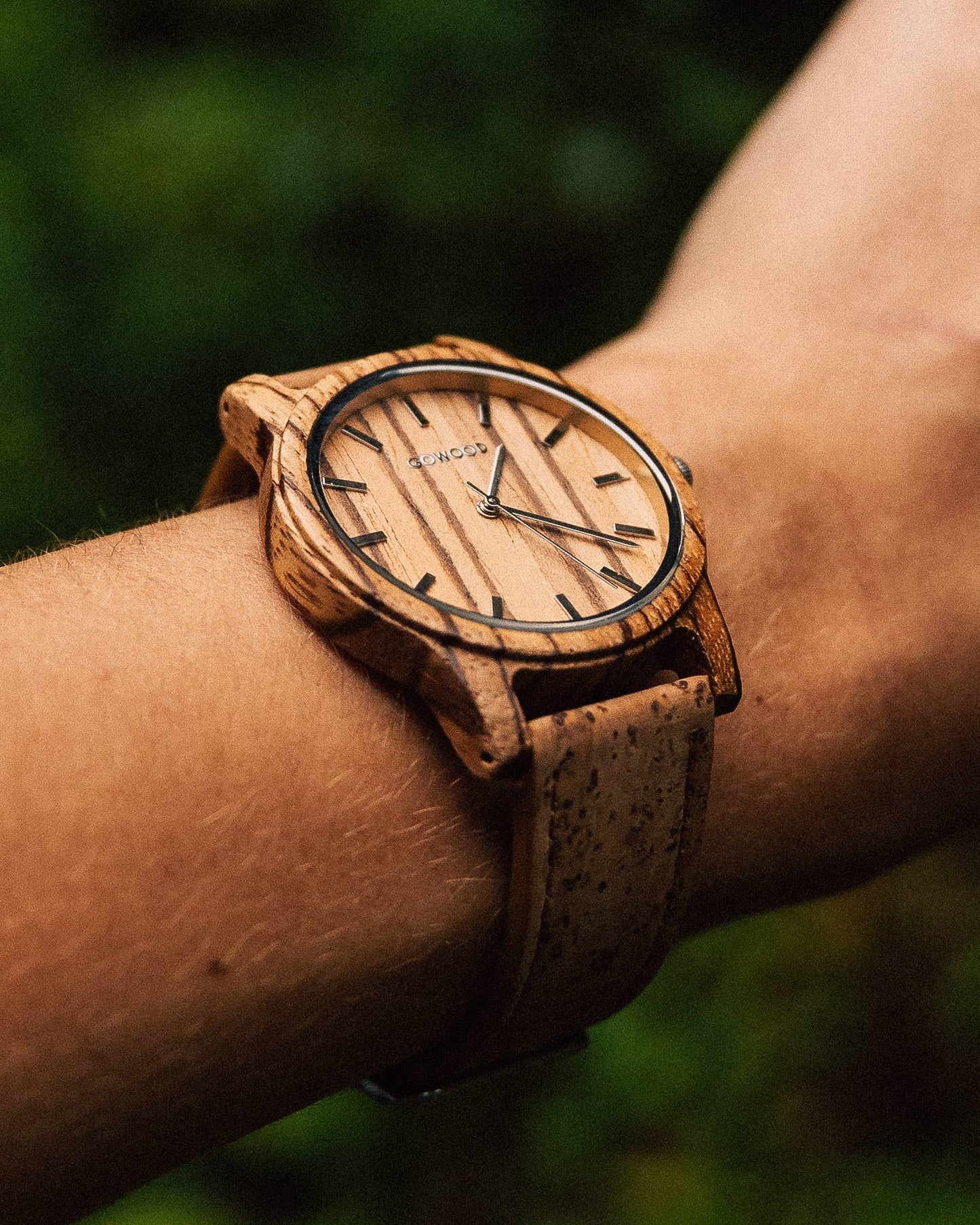 Zebra wood watch with real cork wristband