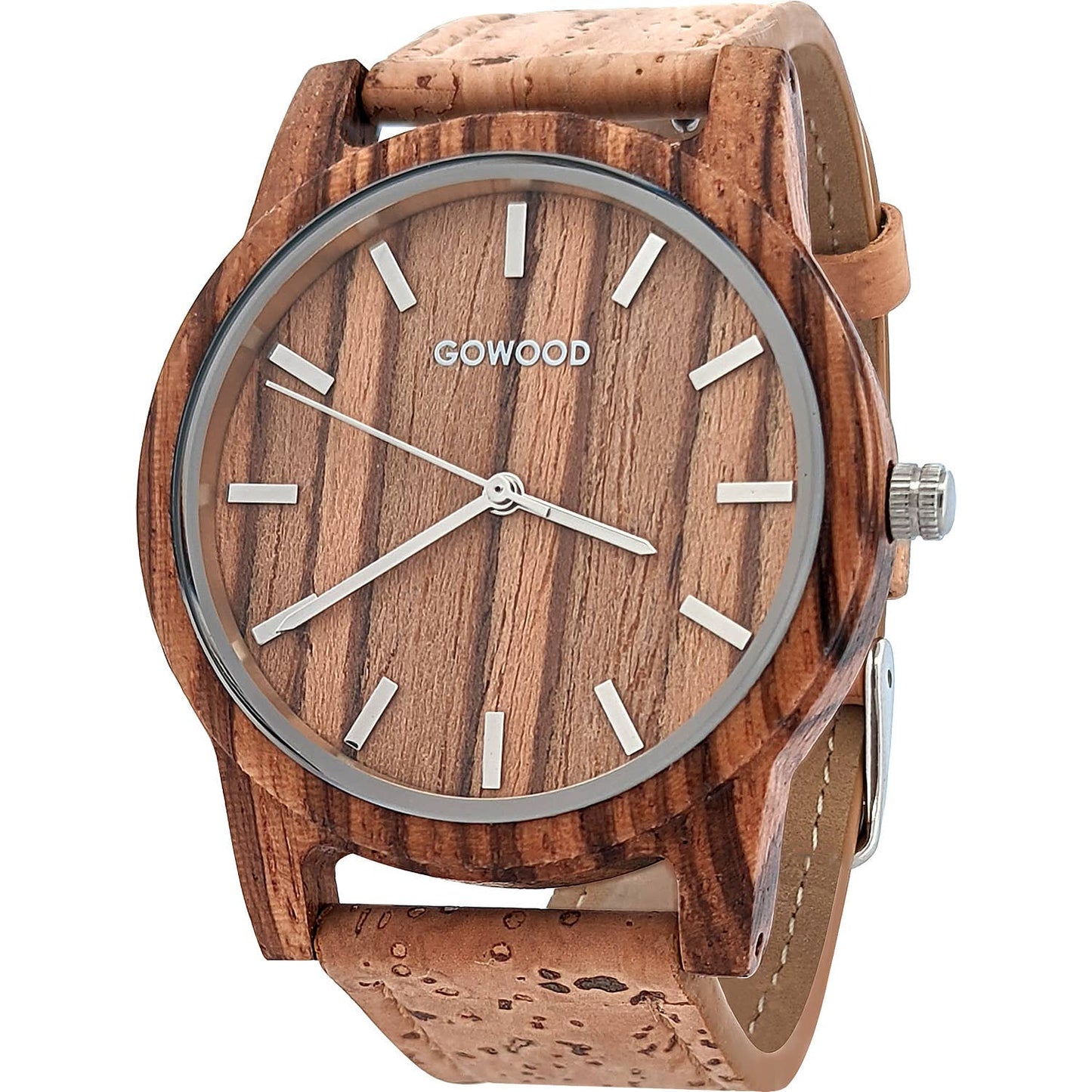 Zebra wood watch with real cork wristband