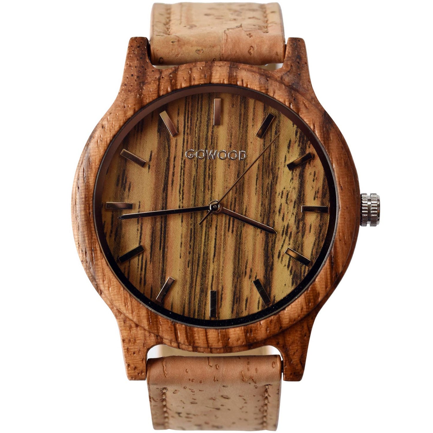 Zebra wood watch with real cork wristband