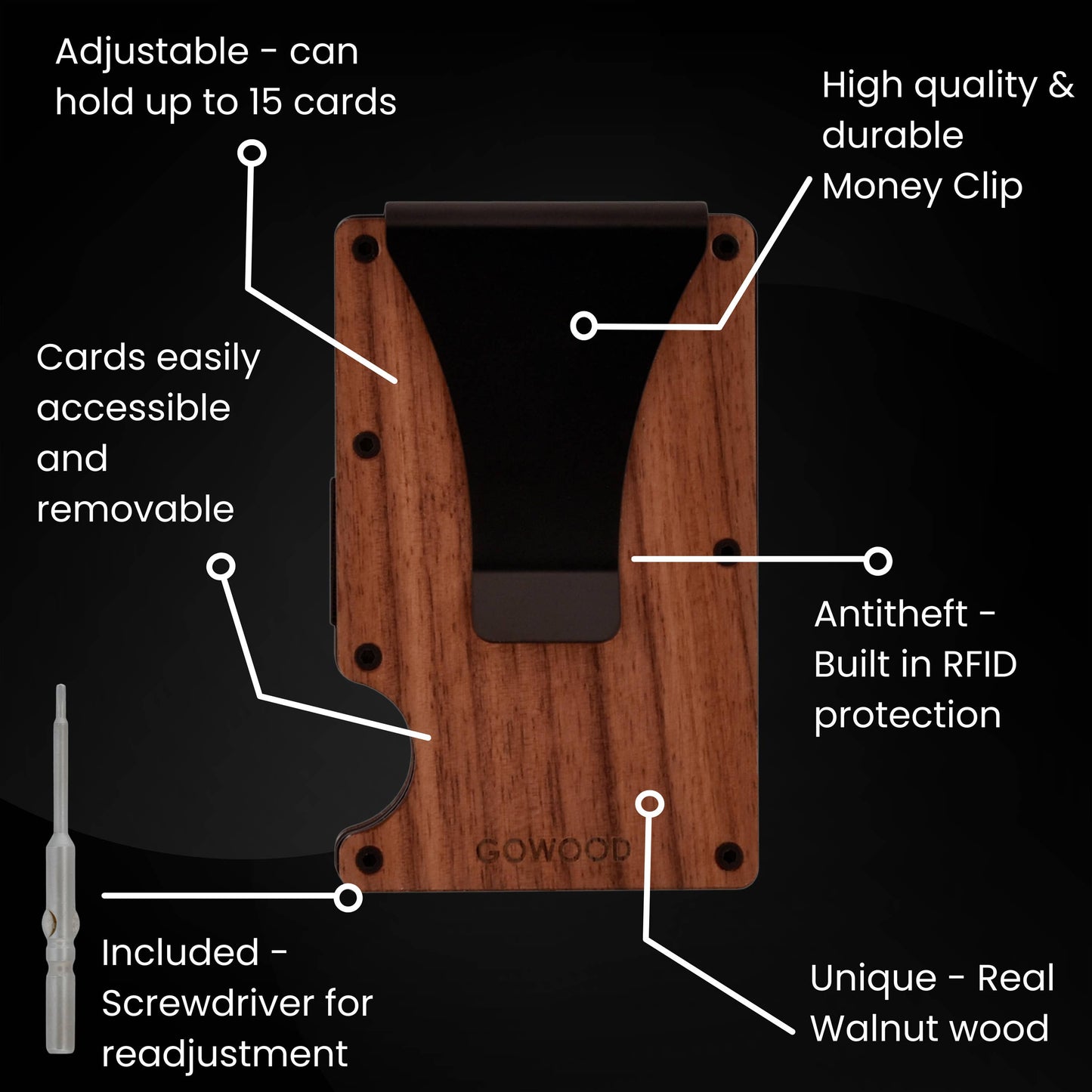 Walnut wood wallet and minimalist cardholder