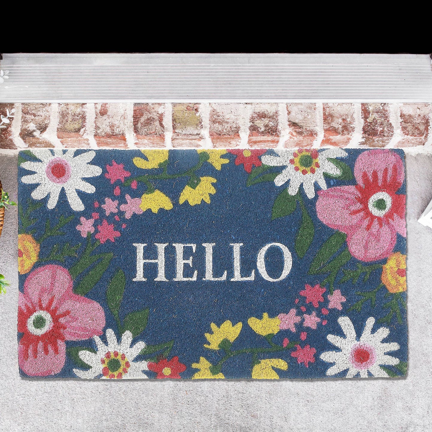Coir Door Mat Floral Hello