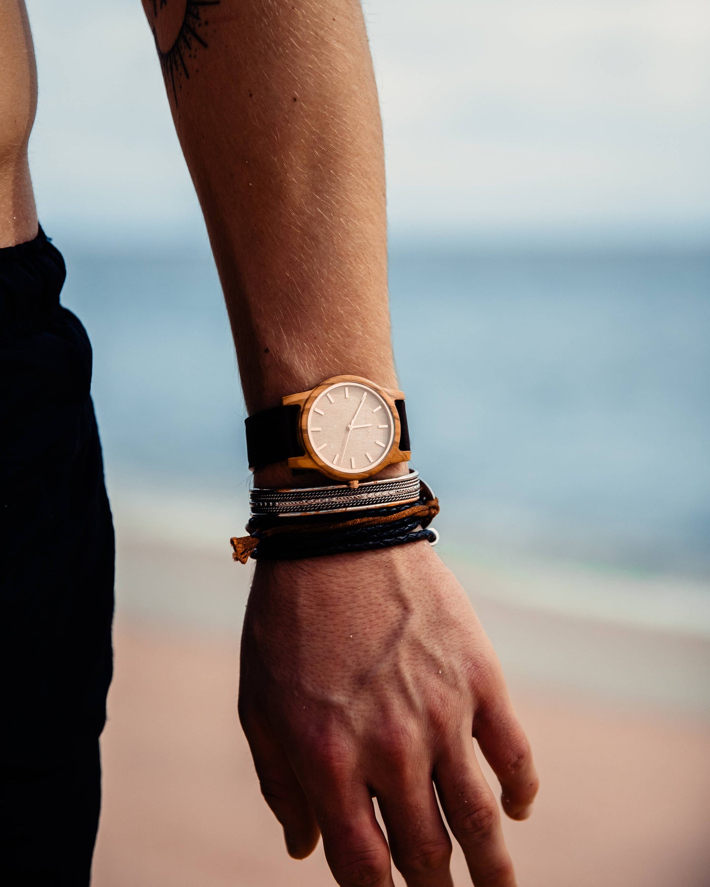 Olive wood watch with real Portuguese brown cork wristband