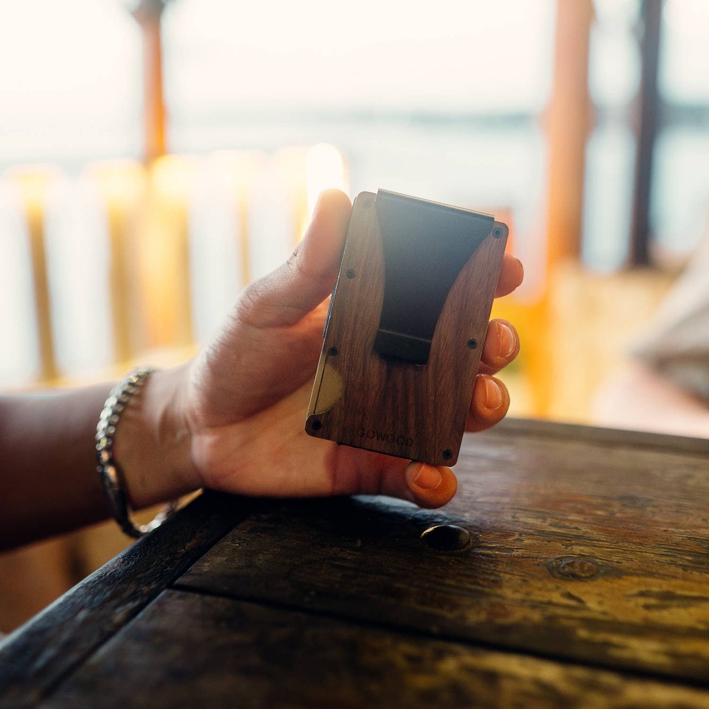 Walnut wood wallet and minimalist cardholder