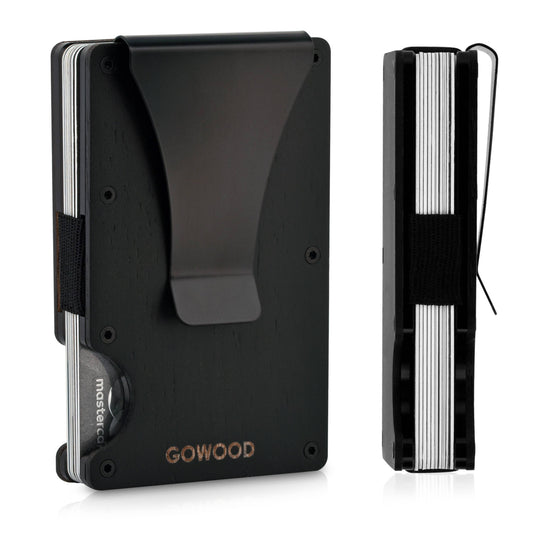 Dark wood wallet and minimalist cardholder