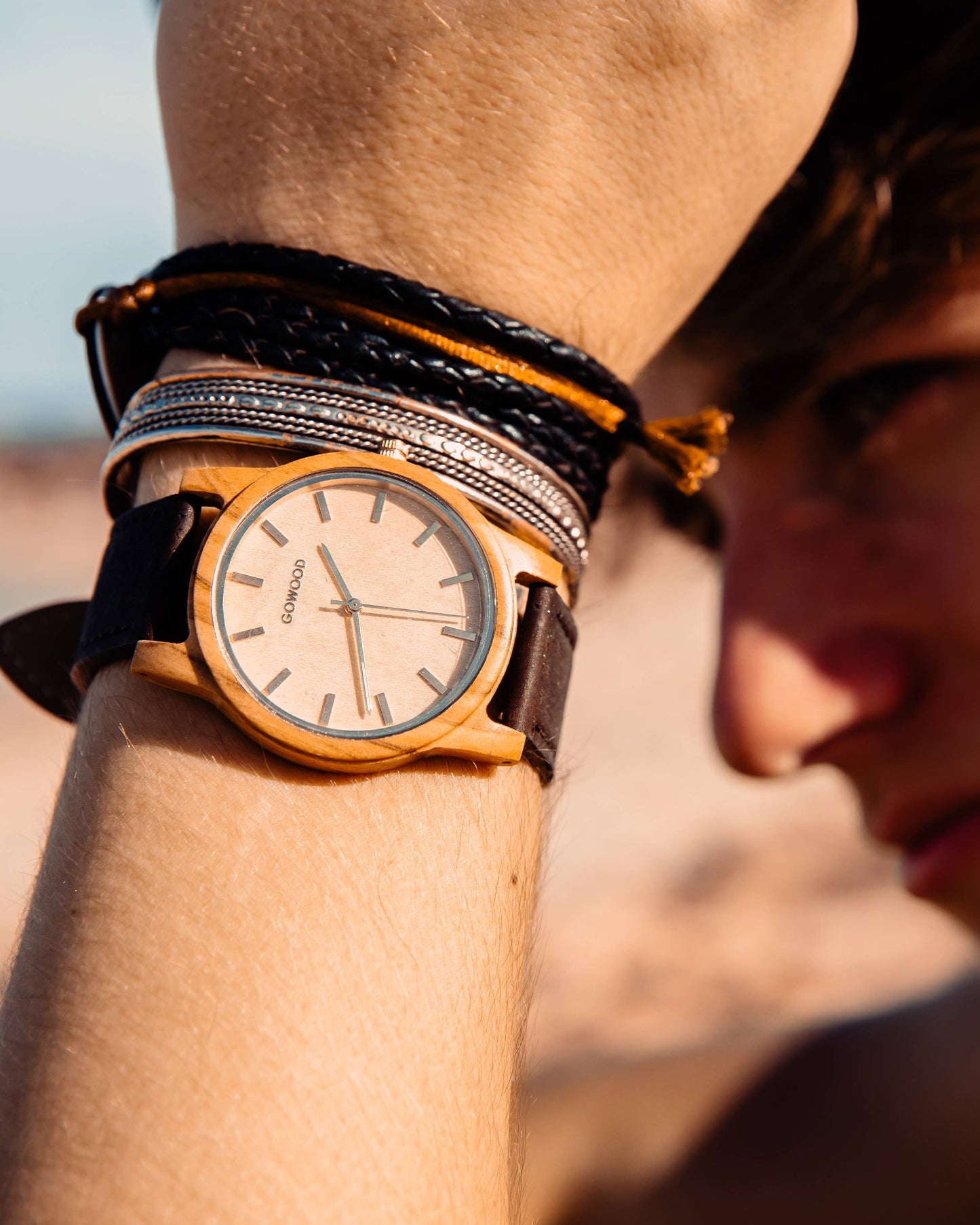 Olive wood watch with real Portuguese brown cork wristband